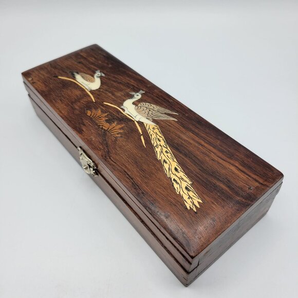 Vintage Handcrafted Wooden Jewelry Trinket Box Inlaid Peacock Design Metal Latch - Picture 7 of 16
